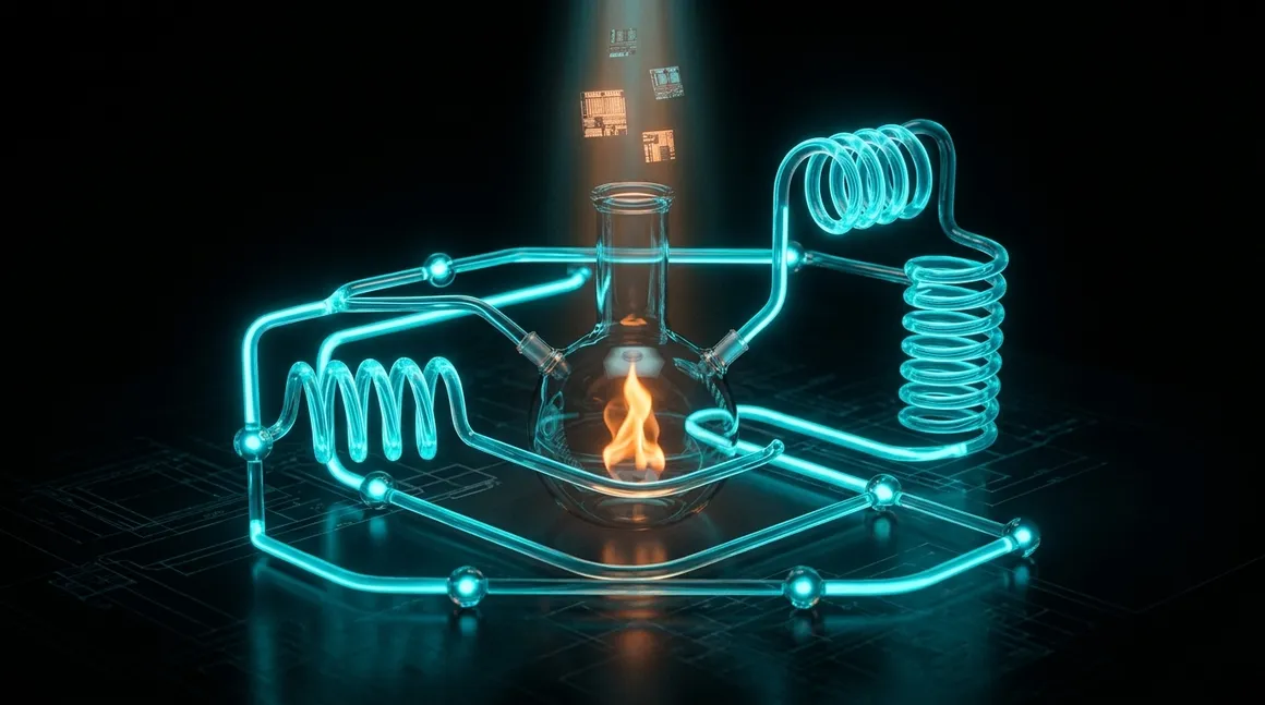 The Automatik Labz bench at night: a flame-lit flask wired into glowing glass apparatus over blueprint schematics