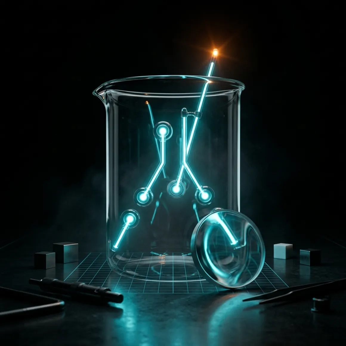 A glass beaker on a dark bench containing a glowing cyan line chart climbing upward, with a magnifying lens leaning against it and an orange point of light at the peak