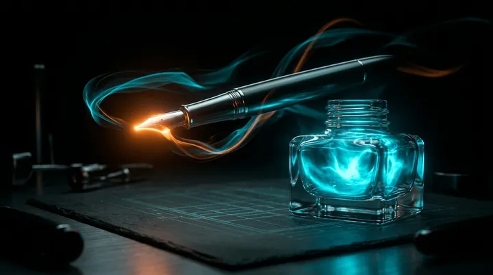 A fountain pen floating nib-down above a glass inkwell of swirling cyan ink on a dark bench, the nib glowing orange with ribbons of light flowing from it