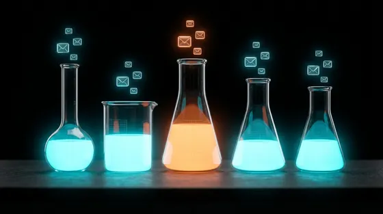 Five laboratory beakers glowing cyan on a dark bench, one glowing orange, with small glass envelopes rising above them like vapor
