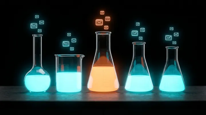 Five laboratory beakers glowing cyan on a dark bench, one glowing orange, with small glass envelopes rising above them like vapor