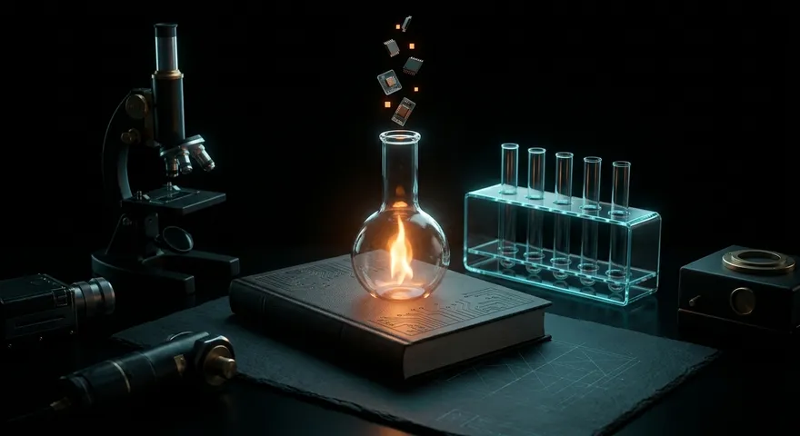A flask holding a steady flame resting on a dark circuit-embossed manual