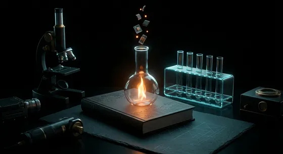 A flask holding a steady flame resting on a dark circuit-embossed manual