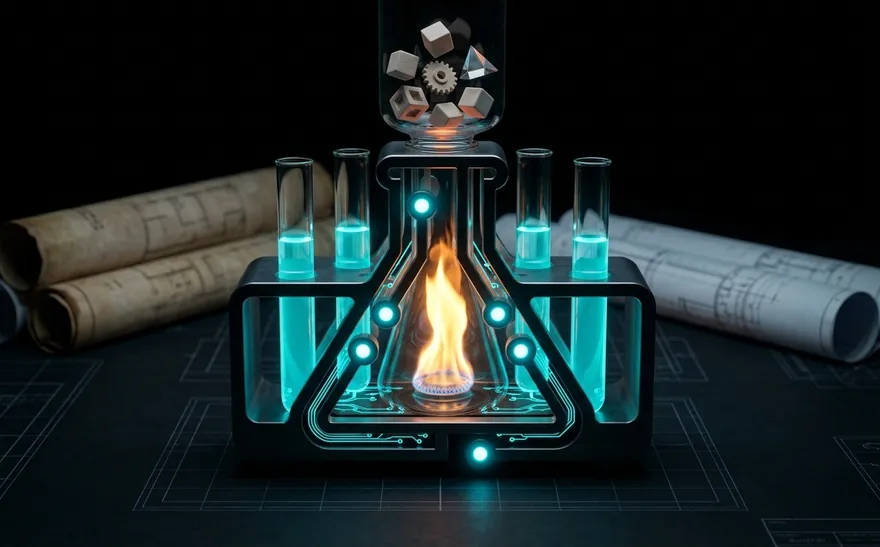 A metal rack of test tubes glowing cyan around one orange, rolled blueprints behind
