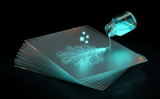 A glass vial pouring glowing cyan ink that branches across a stack of frosted glass pages