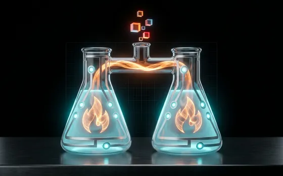 Two circuit-traced flasks joined by a glass bridge with orange energy flowing between them