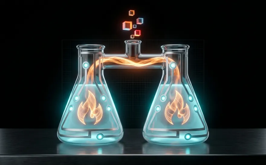 Two circuit-traced flasks joined by a glass bridge with orange energy flowing between them