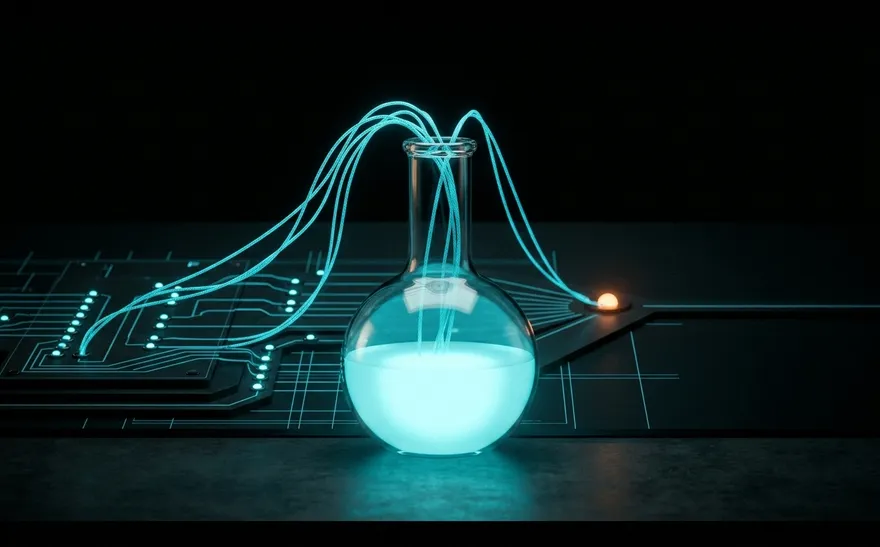 A flask of luminous cyan liquid wired into a dark patch-bay panel, one orange indicator lit